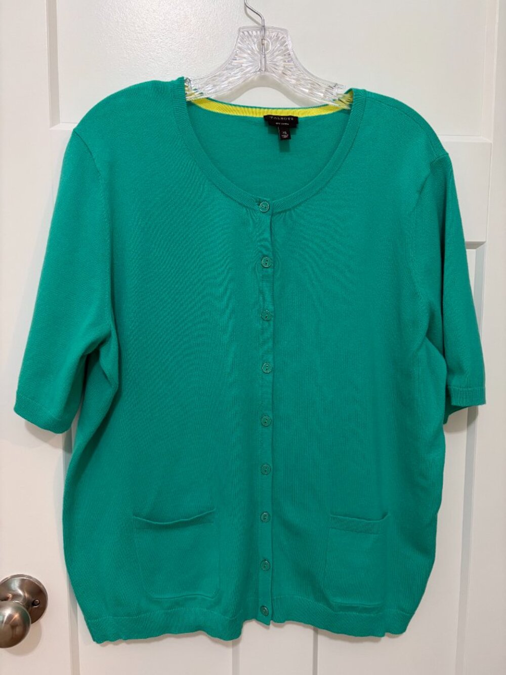 Talbots Pima Cotton Cardigan Sweater XL Jade Green Short Sleeve Button Front EUC